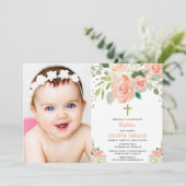 桃金ゴールドフローラ水色バプテスマ女の子写真 招待状 (スタンド正面)