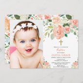 桃金ゴールドフローラ水色バプテスマ女の子写真 招待状 (正面/裏面)