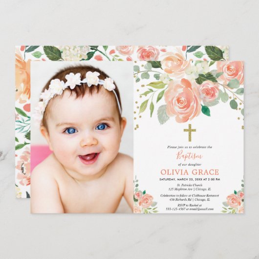 桃金ゴールドフローラ水色バプテスマ女の子写真 招待状 (正面/裏面)