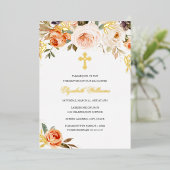 桃金ゴールド水彩フローラガールバプテスマ 箔招待状 (立ち正面)