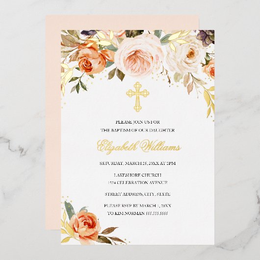 桃金ゴールド水彩フローラガールバプテスマ 箔招待状 (正面/裏面)