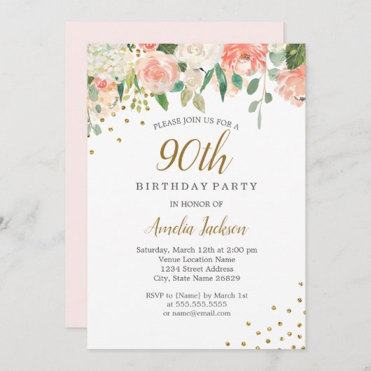 桃金ゴールド水彩フローラ90th誕生日パーティー 招待状 (正面/裏面)
