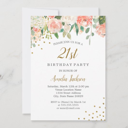 桃金ゴールド水色フローラ21st誕生日パーティー 招待状 (正面)