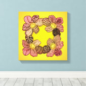 桃、オレンジ、金ゴールドに咲く鳩の花 キャンバスプリント (インサイチュ (ウッドフロア))