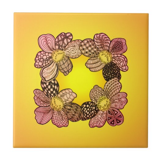 桃、オレンジ、金ゴールドに咲く鳩の花 タイル (正面)