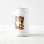 桃、オレンジ、金ゴールドに咲く鳩の花 ビールジョッキ (正面左)