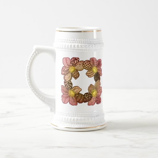 桃、オレンジ、金ゴールドに咲く鳩の花 ビールジョッキ (左)