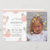 桃&クリームカワイガールフォト誕生日 招待状 (正面/裏面)