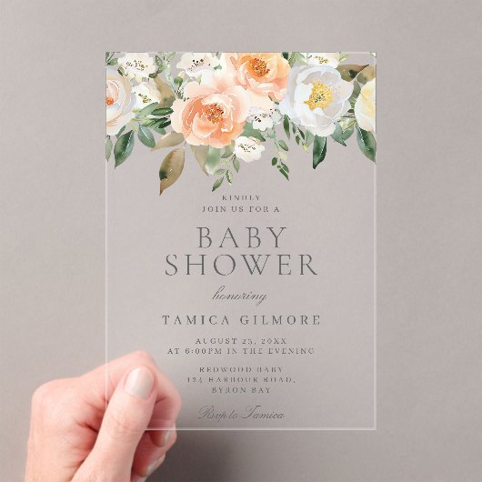 桃&クリームフローラ春サマーベビーシャワー アクリル招待状 (インサイチュ (ポータブル))