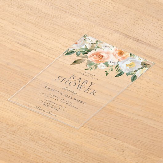 桃&クリームフローラ春サマーベビーシャワー アクリル招待状 (レイダウン)