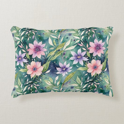 桃、ラベンダーおよびティール(緑がかった色)モダンフローラ アクセントクッション (正面)