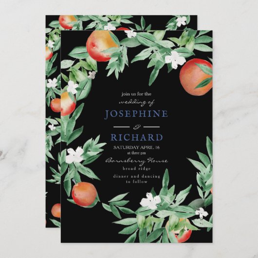 桃、水彩デザイン、深夜黒 招待状 (正面/裏面)