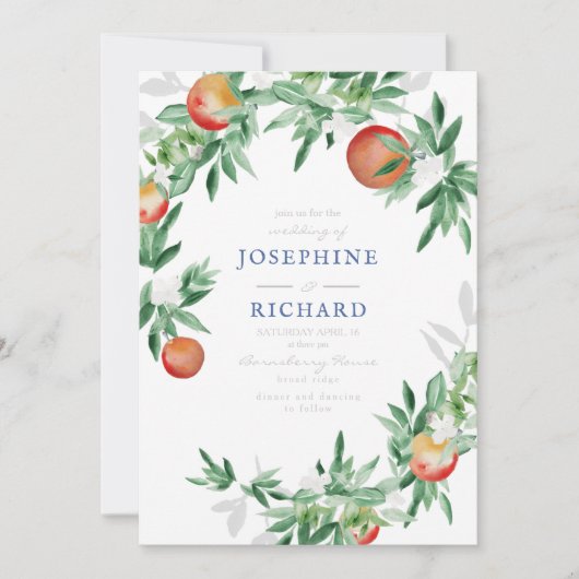 桃、水彩デザイン、結婚式の招待2 招待状 (正面)