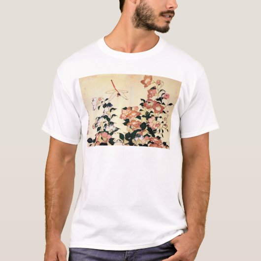 桔梗・北斎・ベルフラワーとトンボ、北斎、浮世絵 Tシャツ (正面)