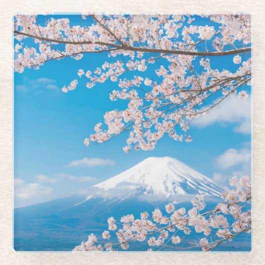 桜が付いている富士山の眺め ガラスコースター (正面)