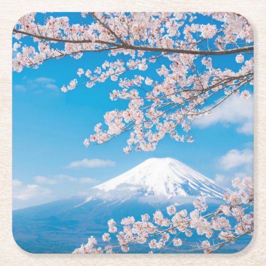 桜が付いている富士山の眺め スクエアペーパーコースター (正面)
