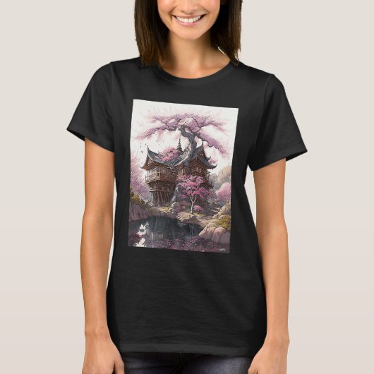 桜が描かれた古い日本の城 Tシャツ (正面)