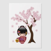 桜こけし人形かわいい日本の芸者インサート ベラム紙招待状 (正面)