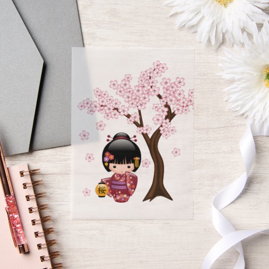桜こけし人形かわいい日本の芸者インサート ベラム紙招待状 (ウェディング)