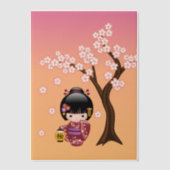 桜こけし人形かわいい芸者ガールオレンジインサート ベラム紙招待状 (正面)
