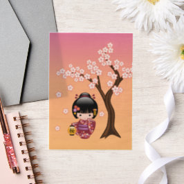 桜こけし人形かわいい芸者ガールオレンジインサート ベラム紙招待状