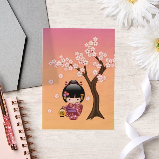 桜こけし人形かわいい芸者ガールオレンジインサート ベラム紙招待状 (ウェディング)