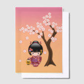 桜こけし人形かわいい芸者ガールオレンジインサート ベラム紙招待状 (オフセット)