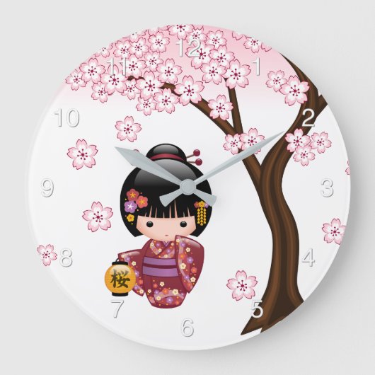 桜こけし人形 – かわいい日本の芸者ガールラ ラージ壁時計 (正面)