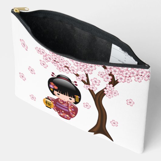 桜こけし人形 – かわいい日本の芸者ガール アクセサリーポーチ (見開き)