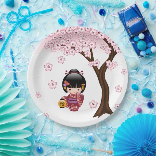 桜こけし人形 – かわいい日本の芸者ガール ペーパープレート (パーティー)