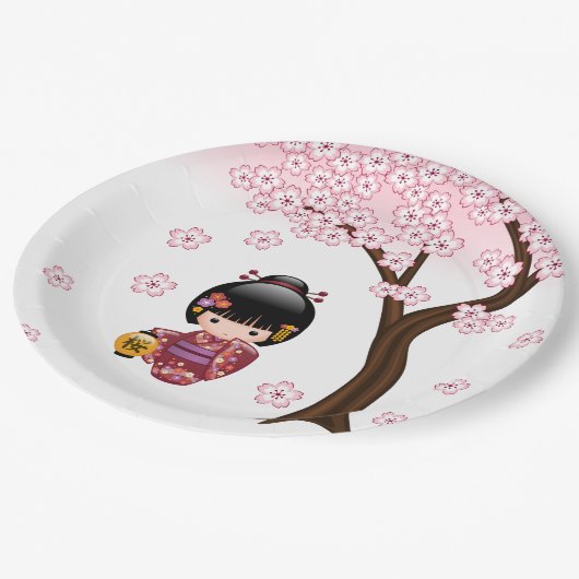 桜こけし人形 – かわいい日本の芸者ガール ペーパープレート (アングル)