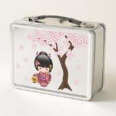桜こけし人形 – かわいい日本の芸者ガール メタルランチボックス (裏面)