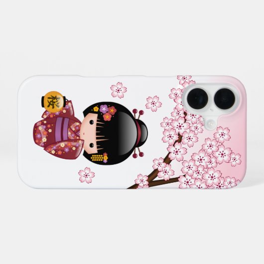 桜こけし人形 – かわいい日本の芸者ガール iPhone 16ケース (裏面横)