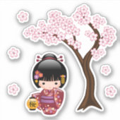 桜こけし人形 – かわいい芸者ガール シール (正面)