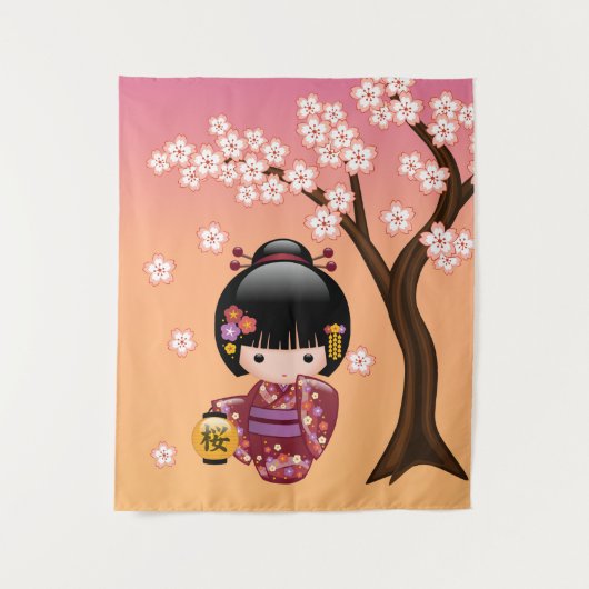 桜こけし人形 - 桃色の芸者さん タペストリー (正面)