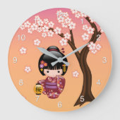 桜こけし人形 - 桃色の芸者さん ラージ壁時計 (正面)