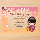 桜こけし透明窓誕生日ピーチ アクリル招待状 (正面)