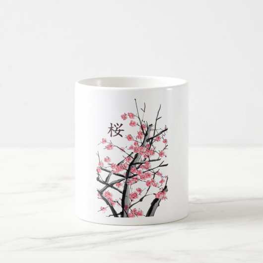 桜さくらんぼの花の木に漢字日本のアート コーヒーマグカップ (中央)