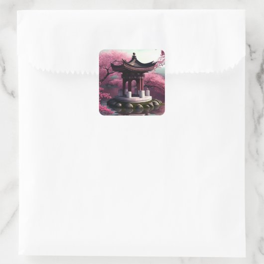 桜さくらんぼブロッサムガーデン神社池日本の スクエアシール (バッグ)