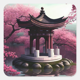 桜さくらんぼブロッサムガーデン神社池日本の スクエアシール