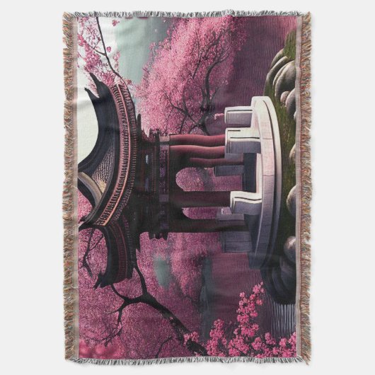 桜さくらんぼブロッサムガーデン神社池日本の スローブランケット (正面縦)