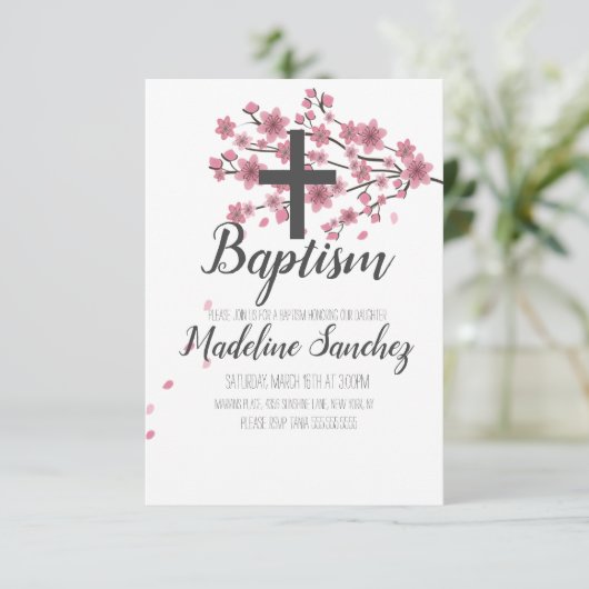 桜さくらんぼブロッサムピンクバプテスマ《キリスト教》洗礼式や命名式 招待状 (スタンド正面)