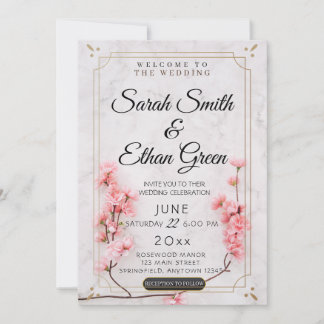 桜さくらんぼブロッサムピンクフローラマーブル結婚ズ 招待状