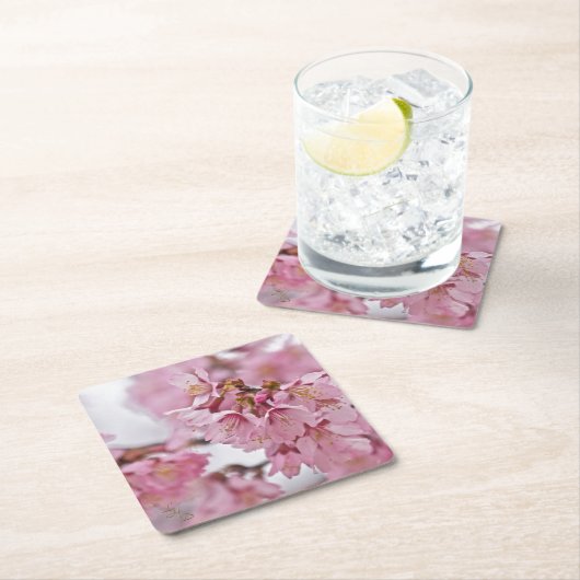 桜さくらんぼ花ピ淡い色のンク スクエアペーパーコースター (インサイチュ)