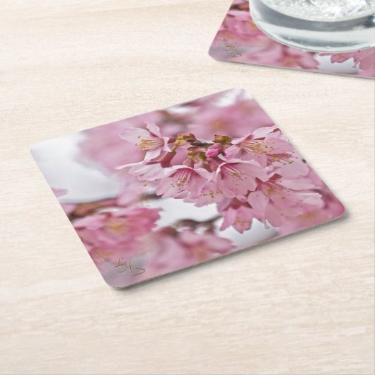 桜さくらんぼ花ピ淡い色のンク スクエアペーパーコースター (アングル)