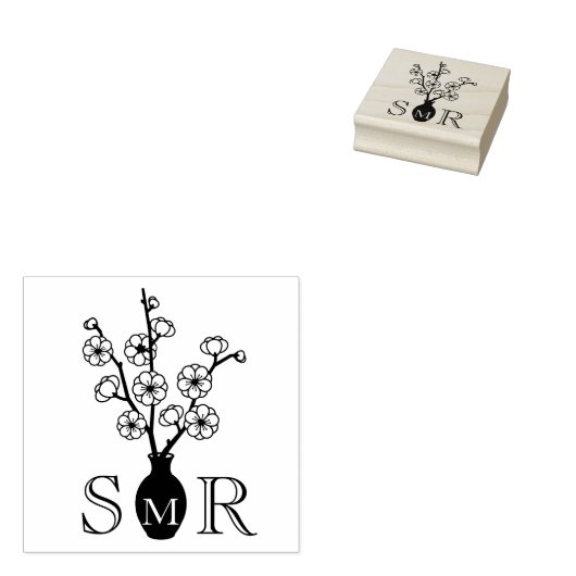 桜さくらんぼ花花瓶モノグラムイニシャル ラバースタンプ (押印)