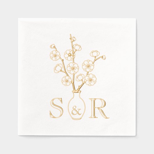 桜さくらんぼ花花瓶結婚ズモノグラム 箔ナプキン (正面)