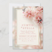 桜とゴールドフレームのロマンティックな結婚式 招待状 (正面)