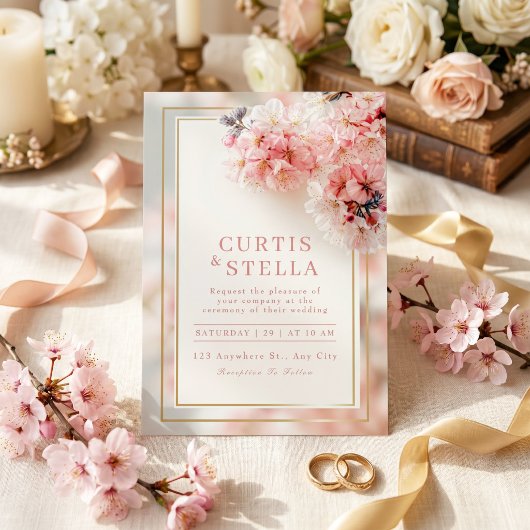 桜とゴールドフレームのロマンティックな結婚式 招待状