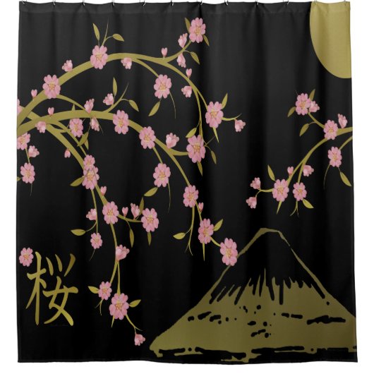 桜とゴールドブラックの日本屏風 シャワーカーテン (正面)